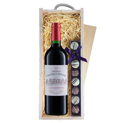 Chateau Tour Haut Vignoble Bordeaux 75cl Red Wine & Heart Truffles, Wooden Box